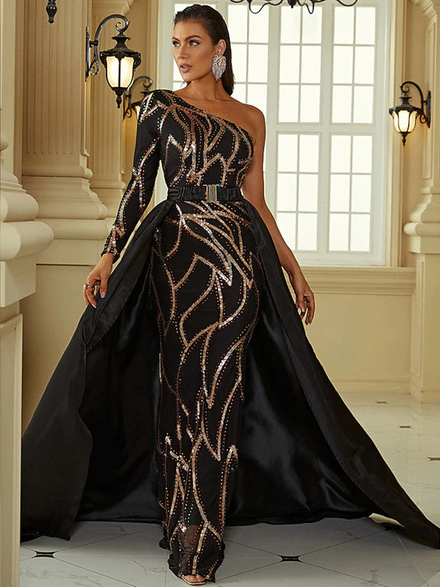Meerjungfrau/Trompete Abendkleid Sexy Kleid Formelle Hofschleppe Langarm Eine Schulter Polyester mit Pailletten
